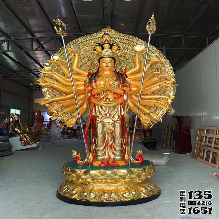 景区玻璃钢彩绘贴金千手观音雕塑 景区玻璃钢彩绘贴金千手观音雕塑