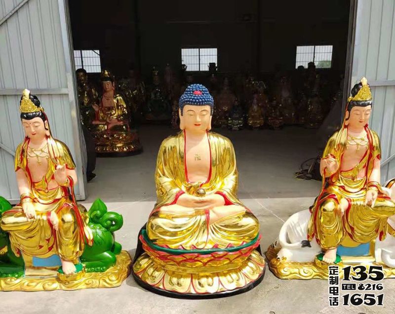 玻璃钢彩绘喷金烤漆打坐的文殊普贤雕塑 玻璃钢彩绘喷金烤漆打坐的文殊普贤雕塑