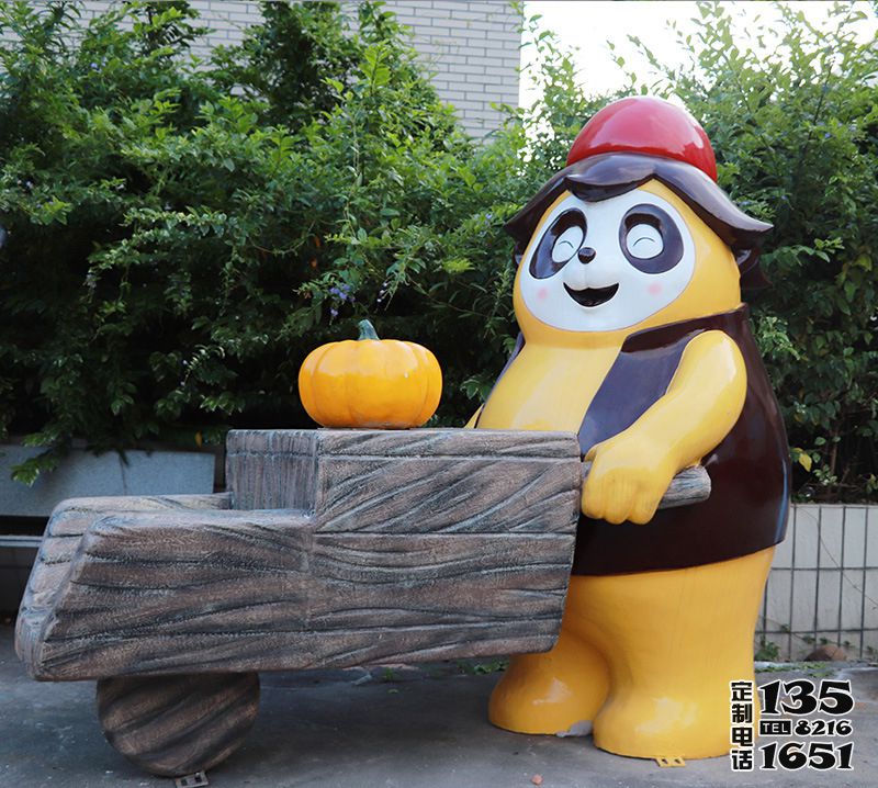 小区观光景区卡通推车玻璃钢熊猫雕塑 小区观光景区卡通推车玻璃钢熊猫雕塑
